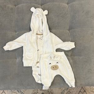 White Cozy Baby Hoodie & Animal Face Pants Set
